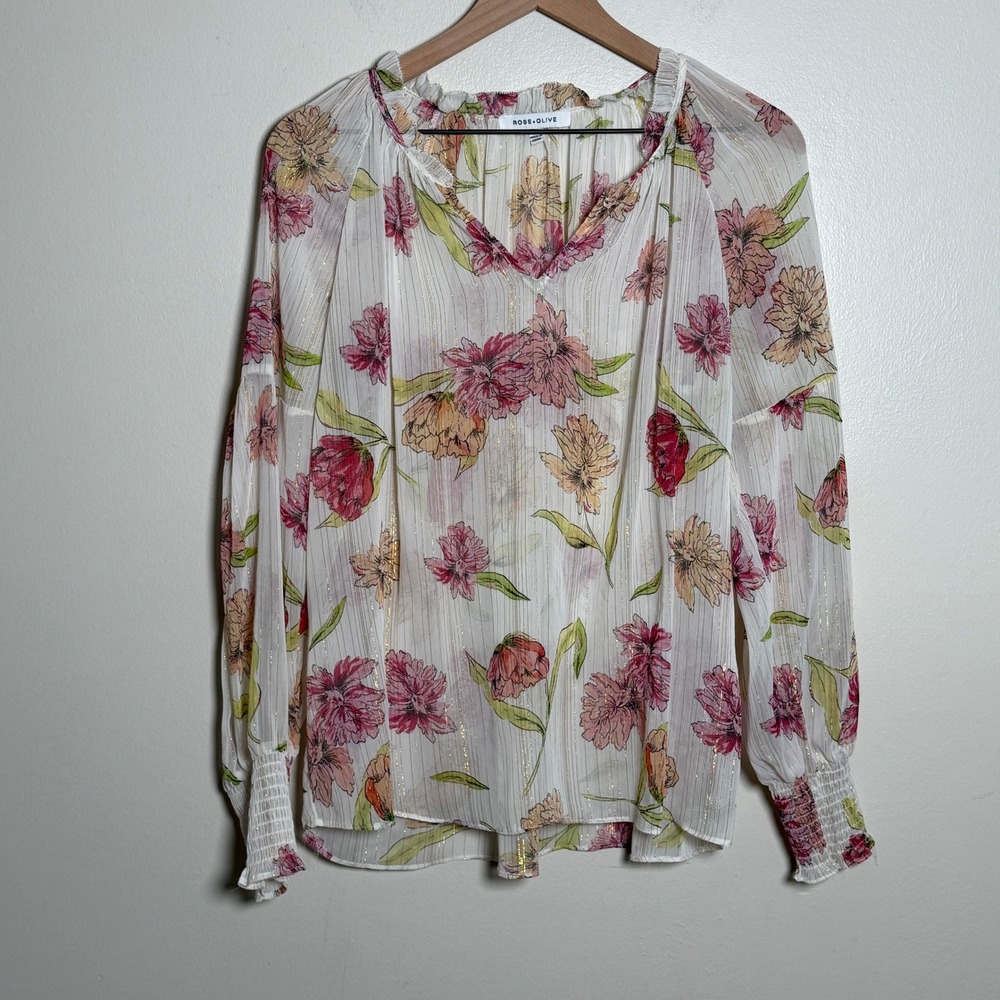 Rose + Olive Womens Blouse Large White Floral Metallic Stripe Office Feminine‎